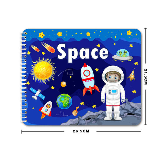 Children's book cover with space-themed illustrations including an astronaut, planets, and rockets on a blue background.