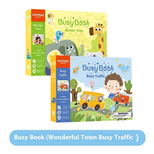 Two children's busy books titled 'Wonder Town' and 'Busy Traffic' by Keeppra on a white background.