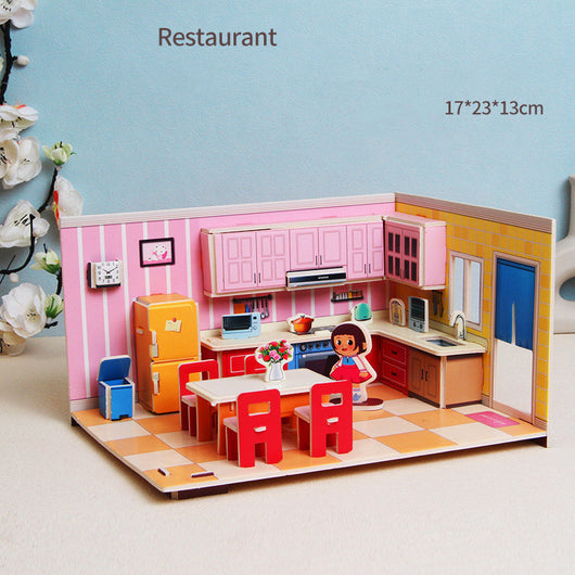 Model of a restaurant with pink walls and wooden furniture on a light blue background.