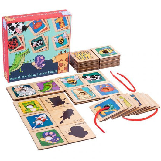 Wooden animal matching puzzle with colorful illustrations and a matching puzzle box on a white background.