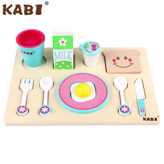Wooden toy set with utensils and food items on a white background, branded 'KABI'.