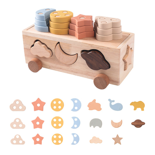 Wooden shape sorting toy with colorful shapes on a white background