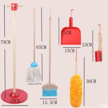 Set of cleaning tools including a broom, dustpan, and scrub brush with measurements on a white background.
