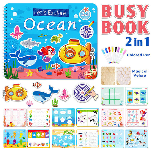 Children's busy book with ocean-themed activities and a colorful pen.