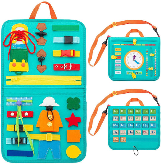 Colorful educational tool with various objects and letters on a turquoise background
