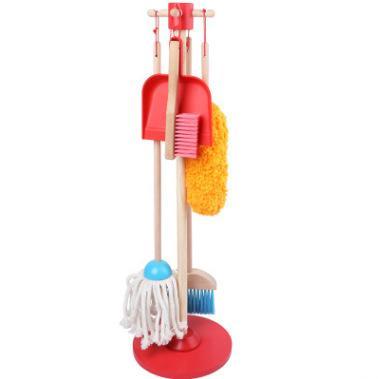 Set of colorful children's cleaning toys on a white background