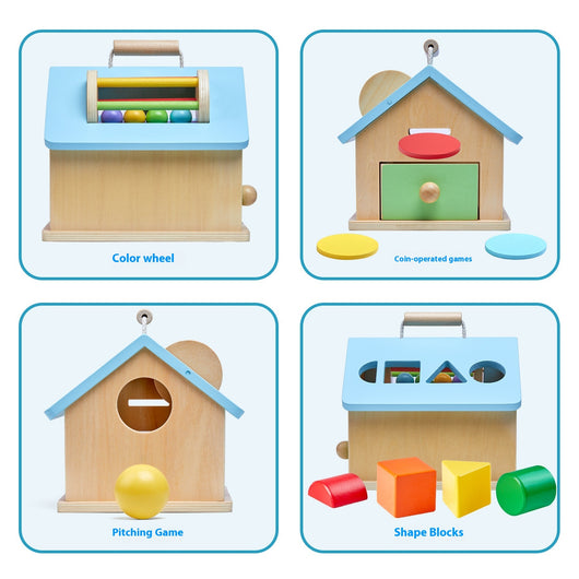 Set of wooden toys with different educational activities on a light blue background