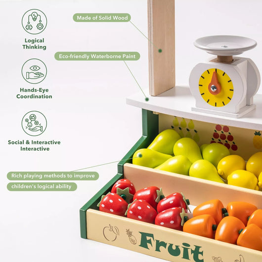 Wooden toy fruit set with a scale, labeled with educational benefits.