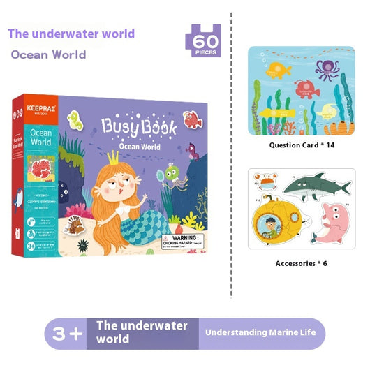 Busy Book for children with ocean-themed illustrations and accessories