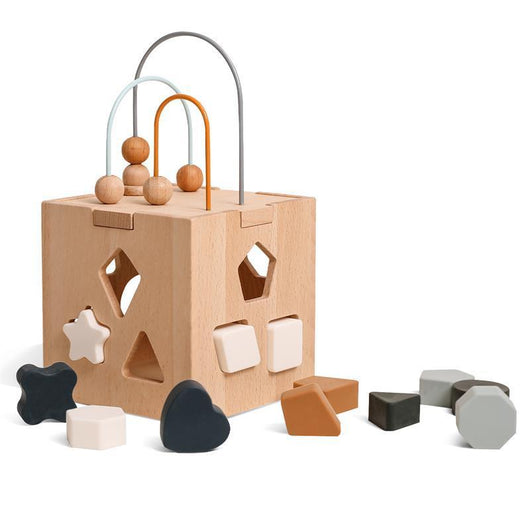 Wooden shape sorting toy with geometric blocks on a white background