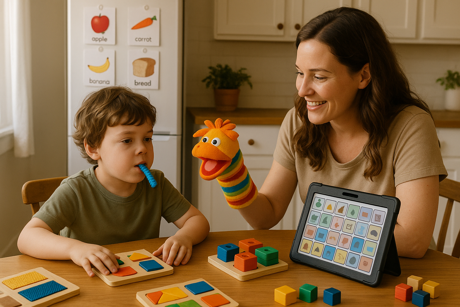mom with hand puppet try to learn  her autism kids , he has a chewy sensory in his mouth , they are in kitchen on the table Montessori toys and AAC device   ,,,,there is white  fridge on the door  food flash card with spelling and on the Bottom alpha pit magnet ,,,,,